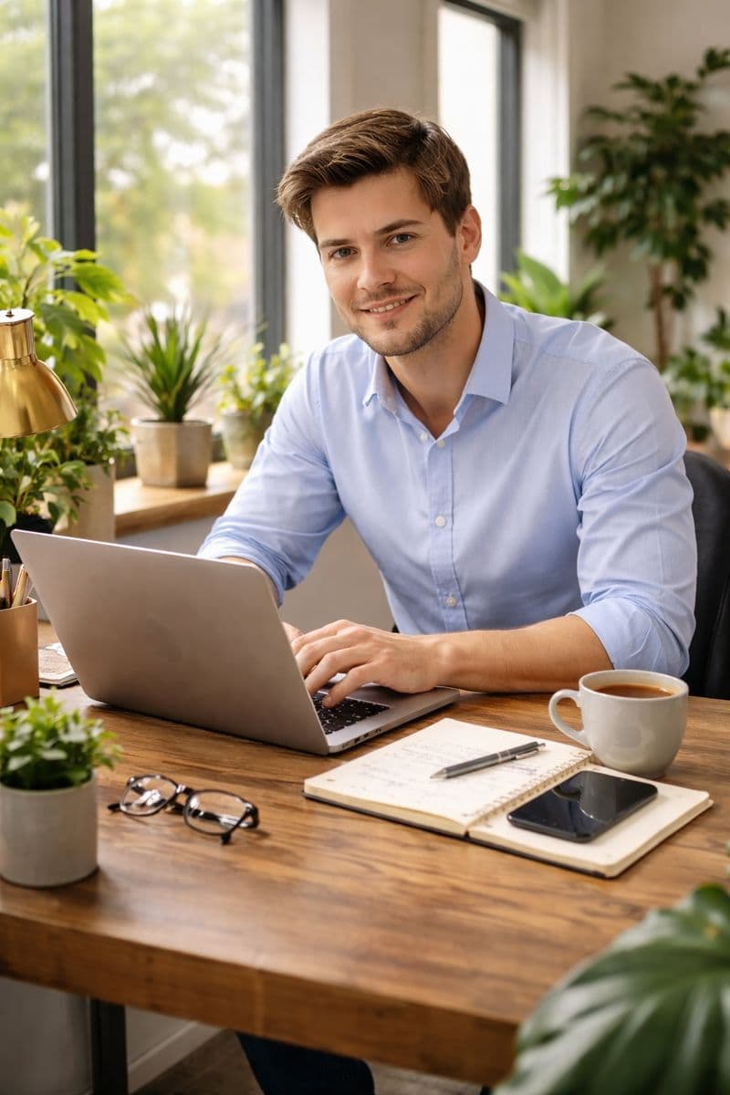Confident creator in bright workspace